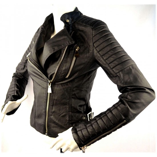 Dames Zwarte Leren Look Biker Jacket Dames Zwarte Leren Look Biker Jacket
