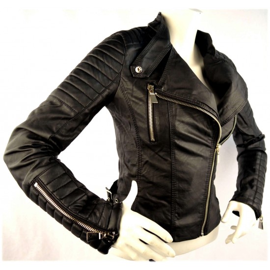 Dames Zwarte Leren Look Biker Jacket Dames Zwarte Leren Look Biker Jacket