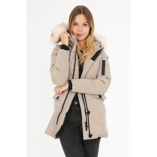 Dames Beige Parka Jas met Beige Bont Dames Beige Parka Jas met Beige Bont