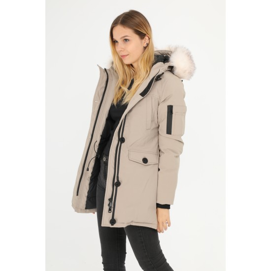 Dames Beige Parka Jas met Beige Bont Dames Beige Parka Jas met Beige Bont