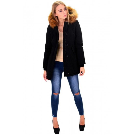 Dames Zwart Winterjas met Grote Bont Dames Zwart Winterjas met Grote Bont